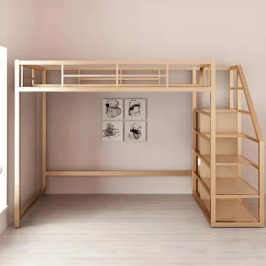 Heavy Duty 1.2mm Thick Metal Loft Bed for Adults No Squeak Space Saving Steel Twin Bunk Bed with Desk and Stairs