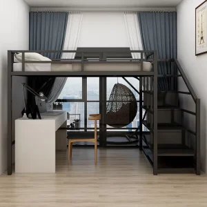 Heavy Duty 1.2mm Thick Metal Loft Bed for Adults No Squeak Space Saving Steel Twin Bunk Bed with Desk and Stairs