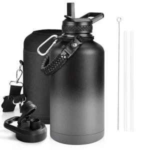 Heavy Duty 64oz Stainless Steel Sport Water Bottle with Compass Paracord Metal Jug Flask Insulated Wide Mouth Bottle for Hiking