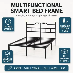 Heavy Duty Metal Bed Frame with Smart Charging Station Headboard and Bedroom Furniture