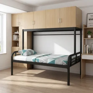 Heavy Duty Metal Bed with Wooden Cupboard Cabinet and Clothes Hanger Sturdy Single Steel Bed for Factory Staff Dormitory