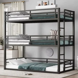 Heavy Duty Metal Triple Bunk Bed Frame with Guardrails Space Saving Noise Reducing Bunk Bed for Kids and Adults