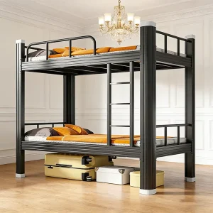 Heavy Duty Powder Coated Steel Bunk Bed with Ladder Guardrails Space Saving Metal Frame for Dormitory Hostel School Apartment