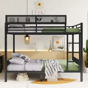 Heavy Duty Queen Over Queen Metal Bunk Bed Frame with Storage Shelves