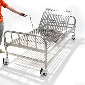Heavy Duty Stainless Steel Single Nursing Bed with Electric Back Rest Adjustment Electric Lift System Mobile Wheels Metal Bed
