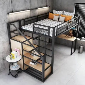Heavy Duty Steel Metal Loft Bed with Wood Stair Design for Single Bed Single or Double Bed or Queen Size Suitable for Adults