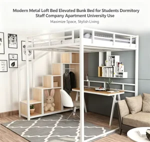 Heavy Duty Steel Metal Loft Bed with Wood Stairs Design for Single Bed Single or Double Bed or Queen Size Suitable for Adults