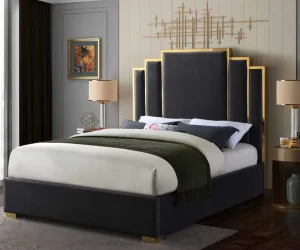 High Quality Comfortable Hot Selling PU Fabric Bed Modern Europe Design Gold Line with Metal Frame