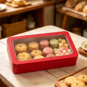 High Quality Food-Grade Storage Rectangular Metal Tin Box with Clear Window Cookies Candies Baked Treats Biscuit Tin