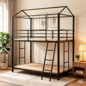 House Canopy Bunk Bed Twin Over Twin Metal Bed Frame with Roof for Mosquito Net Kids Bed with Ladder Safety Guardrail
