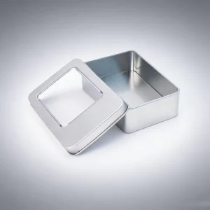 In Stock Eco Friendly Recyclable Metal Food Grade Silver Hinged Rectangle Tin Case Can Clear Lid Round Tin Box