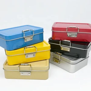 In Stock Rectangular Tinplate Box with Single Latch Clasp Airtight Food Grade Metal Container for Cookies Tea & Gifts