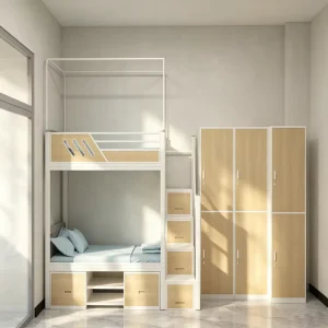 Integrated Storage Ladder Metal Bunk Bed with Shoe Cabinet Side Stairs for Student Staff Dormitory