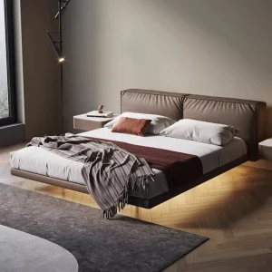 Italian Light Luxury Floating Double Bed Modern Minimalist Design Storage Queen Size Pine Wood Metal Sofa Bed Soft Wooden Metal