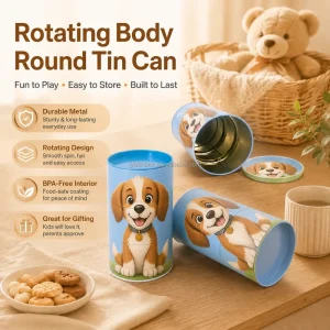 JYB Custom Logo Printing Rotating Round Metal Canister Rotatable Cookie Tea Coffee Tinplate Packaging Reusable Treat Storage Tin