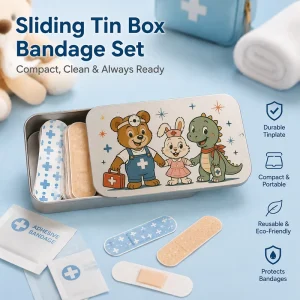 Kids Bandage Set Sliding Tin Box Portable Rectangular Silver Metal Can Vintage Tinplate Matchstick Holder for Family
