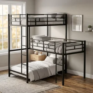 L Shaped Triple Bed Frame Freestanding 3 Tier Metal Twin Bunk Bed Heavy Duty Bedroom Furniture for Large Families Hostels