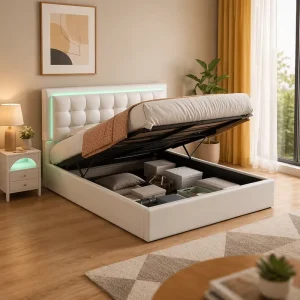 LED Headboard Hydraulic Storage Platform Bed Frame Tufted White Leather Bedroom Storage Bed