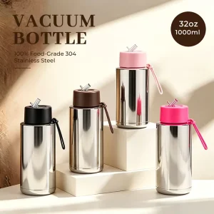 Large-Capacity 1L Portable Stainless Steel Outdoor Sports Water Bottle with Large Mouth and Electroplated Silver Finish