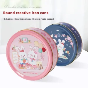 Large Round Tinplate Candy Can Cookie Tin with Offset Printing Minimalist Design White Rabbit Theme