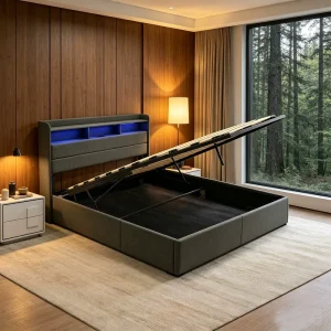 Lift up Foam Filling Upholstered LED Platform Storage Wood Metal Bed Frame with Charging Station and Drawers