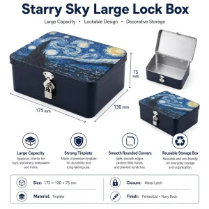 Lock Equipped Metal Storage Tin Box With Van Gogh Starry Night Print Decorative Organizer Container