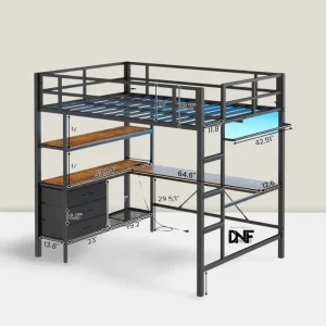 Loft Bed Full Size with L Shaped Desk and Charging Station Full Metal Bed Frame