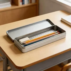 Long Rectangular Silver Tinplate Pencil Case and Multipurpose Metal Storage Box for School and Office