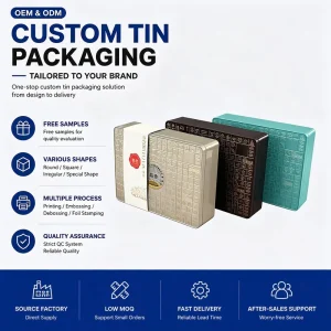 Low MOQ Stock Rectangle Gift Box for Chocolate Embossed Metal Tin with Foam Insert Paper Bag and Paper Sleeve Lid Packaging
