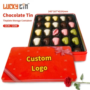 Luckytin Factory Custom Plastic and Tinplate Storage Container Rectangle Metal Can Packaging Red Gift Chocolate Tin Box