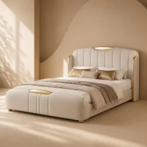 Luxury Cream Upholstered LED Bed with Gold Trim Channel Tufted Headboard Queen King Hotel Bedroom Furniture Frame OEM ODM Beds