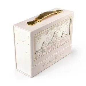 Luxury Custom Book Style Gift Box with Metal Handle Rigid Cardboard Packaging Foil Stamping Embossed & Die Cut Design