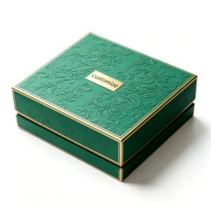 Luxury Embossed Floral Green Rigid Gift Box Gold Foil Border Metal Name Plate Custom Logo Lid and Base Packaging Box