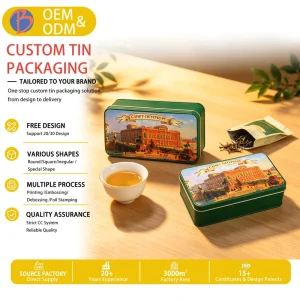 Luxury Rectangle Tin Box with CMYK 4 Color Printing for Tea Cookie Food & Snack Packaging Custom Logo