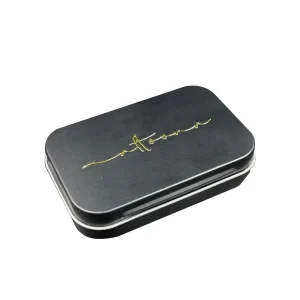 Matte Black Metal Tin Box Recycled Material Hinged Lid Embossed Logo Sturdy Portable for Mint Candy Travel Matches Customizable