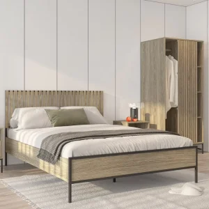 Metal Bed Frame With Built In Headboard Loft Iron Bed Industrial Style Wood Queen Size Bed Frame