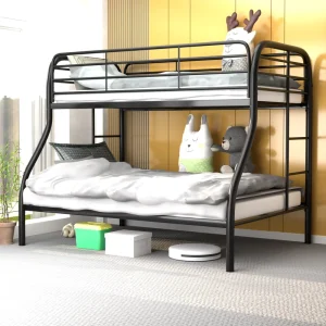 Metal Bunk Bed Twin Over Full Size Beds With Sturdy Guard Rail Ladder Space Saving Noise Free