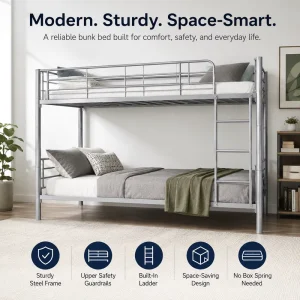 Metal Bunk Bed Twin Over Twin Sturdy Steel Slat Support Bunk Bed Frame with Built in Ladder Safety Rail for Kids Students