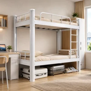 Metal Bunk Bed for Students Workers Staff Dormitory Steel Double Decker Bed with Ladder Guardrail Space Saving Furniture