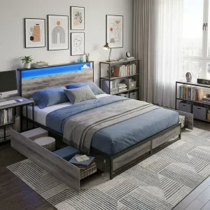 Metal Double Bed Frame with LED Lights Charging Station Storage Headboard 4 Underbed Drawers