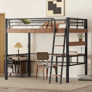 Metal Full Size Loft Bed with Built in Desk Storage Shelf and Ladder Black