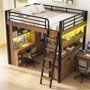 Metal Loft Bed with Storage Stairs Multifunctional Space Saving Desk Sofa Bedroom Hotel Apartment Dormitory Modern Design