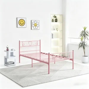 Metal Twin Bed Frame with Sweet Heart Shaped Headboard, Sturdy Steel Slat Support Pink Metal Platform Bed for Kids Bedroom