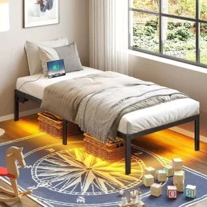 Metal Twin Size Metal Slats Customized Noise Free Metal Platform Bed Frame with Charging Station and LED Lights