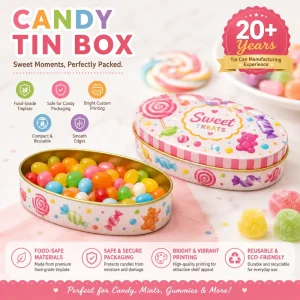 Mini Oval Embossed Tin Box Food Grade Tinplate Small Sweets Mint Metal Gift Tin for Candy Packaging Custom Print Available