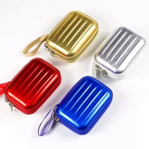 Mini Suitcase-Shaped Metal Coin Case Pouch with Zipper Keychain Storage Tin Box