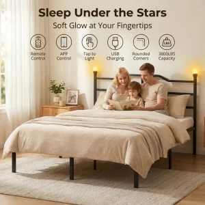 Minimalist Black Steel Bed Frame with Power Socket Headboard Modern Bedroom Platform Bed Frame