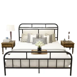 Modern Bedroom Furniture Metal Bed Frame Queen Size Bed With Vintage Upholstered Headboard and Stable Steel Slat Support