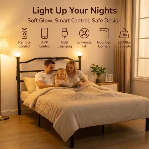 Modern Black Metal Bed Frame with USB Charging Headboard and LED Touch Lamp Platform Bed Frame