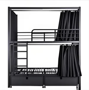Modern Black Metal Bunk Bed with Privacy Curtains Storage Drawers for Small Spaces Space Saving Double Decker Bed with Wheels
